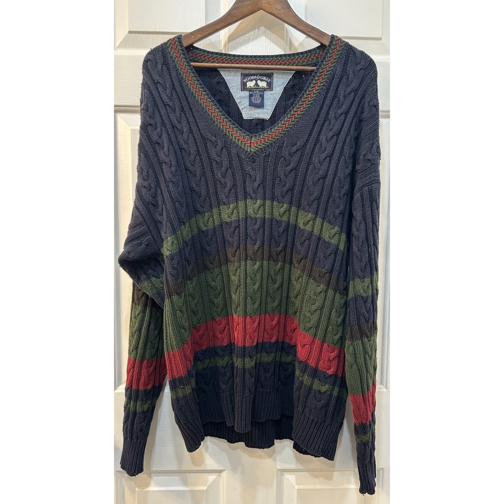 Vtg 90's Woods & Gray Cable Knit Sweater Mens L Navy V-Neck Preppy Grunge Y2K